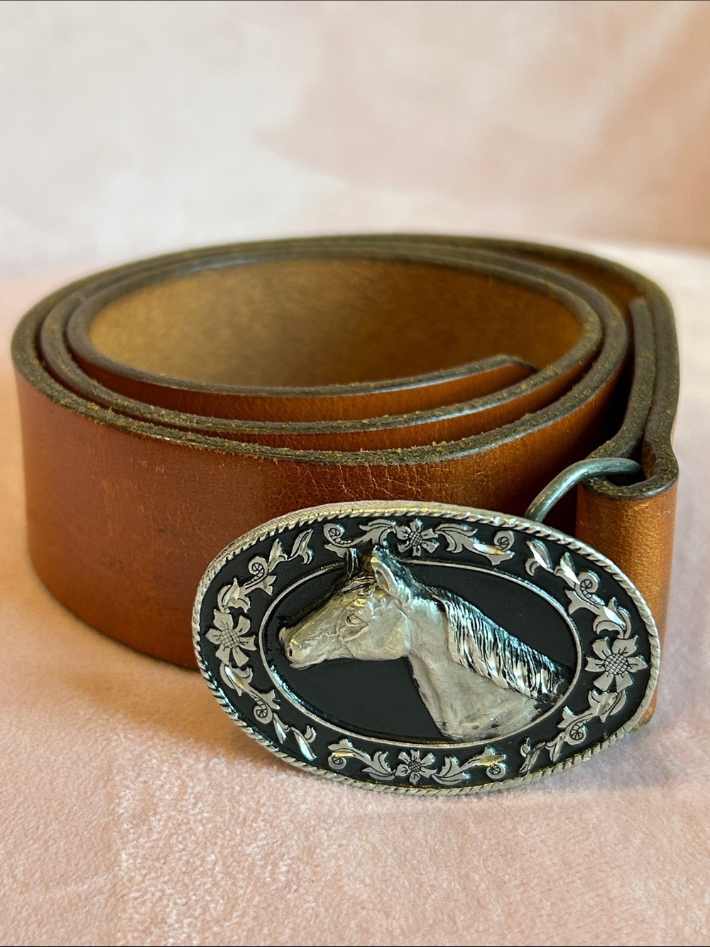 Siskiyou Buckle Co 1988 VTG Horse Pewter Western Taos New Mexico Leather Belt